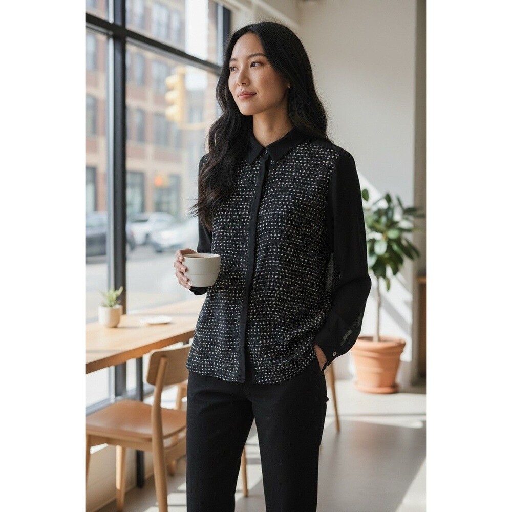 Calvin Klein Women’s Long Sleeve Mix Media Button Down Blouse Size S Black